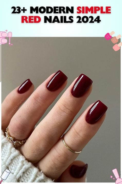 Short, dark burgundy simple red nails, square shape, gel, glossy finish, short length. Sophisticated and versatile, perfect for polished, professional appearances. Simple Red Nail Ideas, Red Nails Square, Simple Red Nails, Nails Ideas Short, Nail Ideas Simple, Red Nail Ideas, Dark Red Nails, Square Nail Designs, Short Square Nails