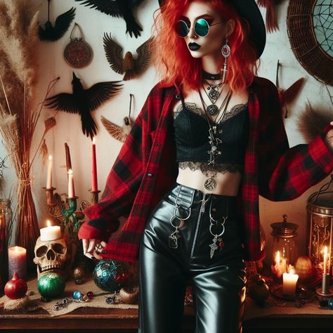 Tomboy Goth, Cute Monkey Pictures, Witchy Outfits, Monkey Pictures, Biker Chick, Redhead Girl, Alt Fashion, Gothic Outfits, Daily Outfits