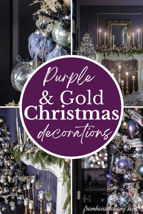 Christmas Tree Ideas Purple Silver, Christmas Decor Purple, Purple And Gold Christmas Decorations, Purple And Gold Christmas Tree, Purple Christmas Decor, Gold Christmas Tree Decor, Purple Pillar Candles, Purple Christmas Tree Decorations, Evergreen Garland