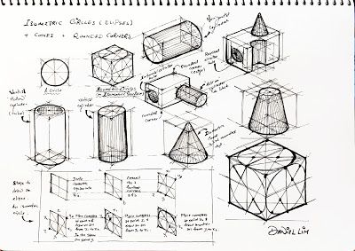 Elipse (Isometric Circles), Cones, Application of Circles and Arcs on Isometric Surfaces and Edges Practice Drawing Shapes, Isometric Sketch, Isometric Drawing Exercises, 3d Drawing Techniques, Isometric Shapes, Orthographic Drawing, Drawing Basics, Isometric Drawing, Perspective Drawing Lessons