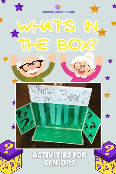 Dive into mystery and excitement with 'What's in the Box?' 📦✨ A thrilling game activity designed for seniors to stimulate their senses and spark curiosity. Explore now for a delightful surprise! #SeniorsActivities #MysteryGame #FunWithSeniors Journey Stations Memory Care, April Activity Ideas For Seniors, Montessori Activities Seniors, Happy Hour For Seniors, Senior Living Games, Physical Activity Games For Seniors, Activities For The Elderly Nursing Homes, Activity Assistant Nursing Homes, Elderly Activities Assisted Living