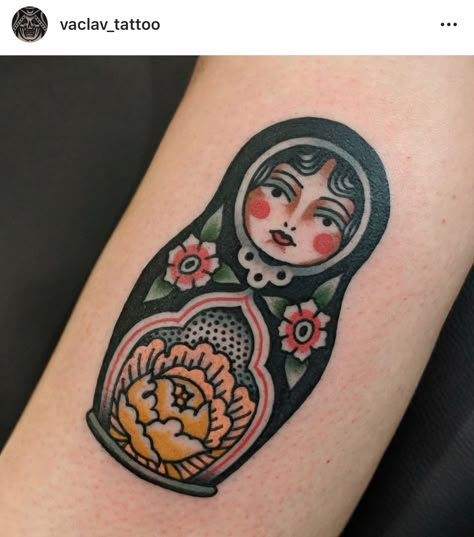 Matryoshka Tattoo Traditional, American Traditional Nesting Doll Tattoo, American Traditional Russian Doll Tattoo, Traditional Nesting Doll Tattoo, Babooshka Tattoo, Russian Stacking Doll Tattoo, Russian Doll Tattoo Traditional, Russian Nesting Doll Tattoo, Traditional Tattoo Neck