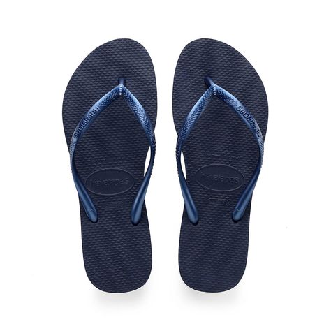 Women's Navy Blue Flip Flops | Havaianas Comfortable Flip Flops, Blue Flip Flops, Rubber Flip Flops, Havaianas Flip Flops, Navy Fashion, Navy Women, Metallic Logo, Flip Flop, Summer Shoes