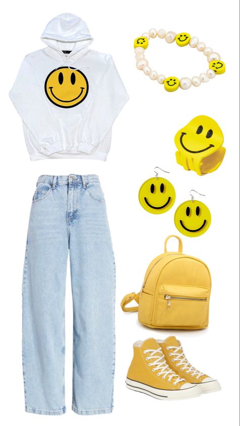 Smile Outfit, Smiley Face Outfit, Trendy Smiley Face Tops For Everyday, Cute Smiley Face Top For Spring, Cute Cotton Tops With Smiley Face, Smiley Face Jeans, Fun Smiley Face Tops, Smiley Face Pants, Smiley World Fashion