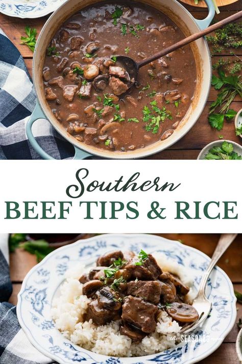 Beef tips and rice is Southern comfort food at its best! Tender bites of steak are smothered in a flavorful mushroom and onion brown gravy, and then served on a bed of white rice. Ready from start to finish in about 45 minutes! Beef Tips And Rice, Smothered Steak, Rice And Gravy, Steak And Rice, Beef Tips And Gravy, Southern Comfort Food, Beef Barley Soup, Mushroom Rice, Steak And Mushrooms