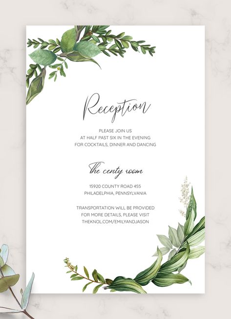 Wedding Invitations Printable, Green Floral Wedding, Floral Wedding Reception, Wedding Reception Card, Wedding Reception Guest, Coding Skills, Wedding Reception Cards, Wedding Reception Invitations, Rustic Wedding Reception