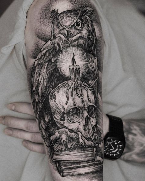 4,284 Likes, 23 Comments - TattooSnob (@tattoosnob) on Instagram: “Candle Skull by @danielbacz at @inkdependenttattoos in Edinburgh, UK #candle #skulltattoo…” Marie Tattoo, Owl Skull Tattoos, Owl Tattoo Meaning, Owl Tattoo Sleeve, Owl Tattoo Drawings, Owl Skull, Edinburgh Uk, Candle Tattoo, Tattoo Zeichnungen