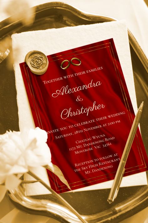 A truly elegant and unique red and gold wedding stationery suite, with matching invitation, RSVP, enclosure cards, save the date, envelope and more. The eye-catching design features a gorgeous faux-silk pattern in red, highlighted by a pair of gold wedding rings. There is also a pair of fine, metallic gold frames around the invitations to add an extra touch of style and luxury. Invitation Red And Gold, Save The Date Envelope, Red And Gold Wedding, Gold Wedding Stationery, Red Wedding Invitations, Gold Wedding Invitation, Wedding Stationery Suite, Best Wedding Favors, Gold Frames