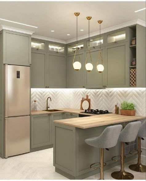 Grey Kitchen Floor, Unique Kitchen Backsplash, Kitchen Ideas Dark Cabinets, Kitchen Ideas Dark, Green Kitchen Cabinets, Kitchen Cabinets Decor, Small Kitchen Decor, Kitchen Design Plans, House Design Kitchen