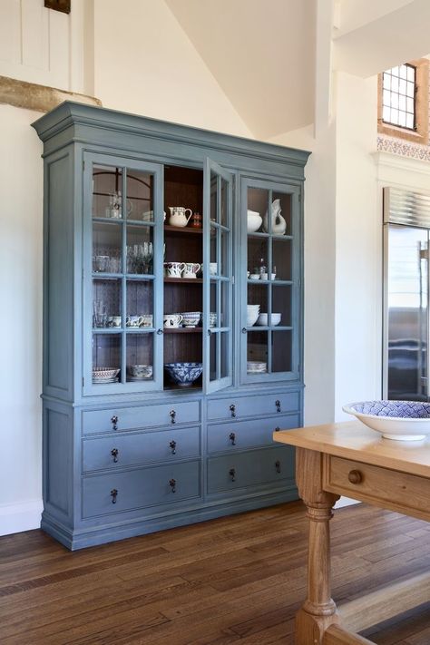 Blue And White China Cabinet Display, Light Blue China Cabinet, Delft Blue Paint Color, Blue Painted China Cabinet, Blue Display Cabinet, Hetherington Newman, Jurien Bay, Blue Pantry, Living Room Hutch