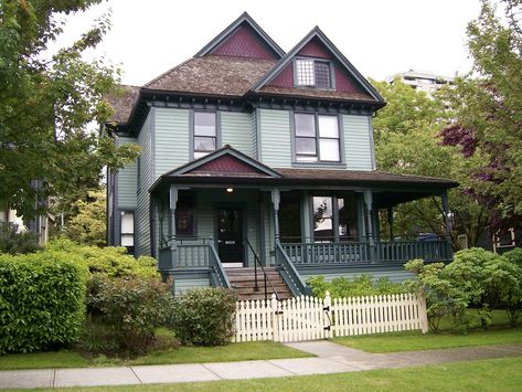 Navy Victorian House Exterior, Houses In Vancouver Canada, Folk Victorian House Exterior, Folk Victorian House, 1900 Folk Victorian House, Vancouver House, Fairytale Houses, Storybook House, Vancouver Canada