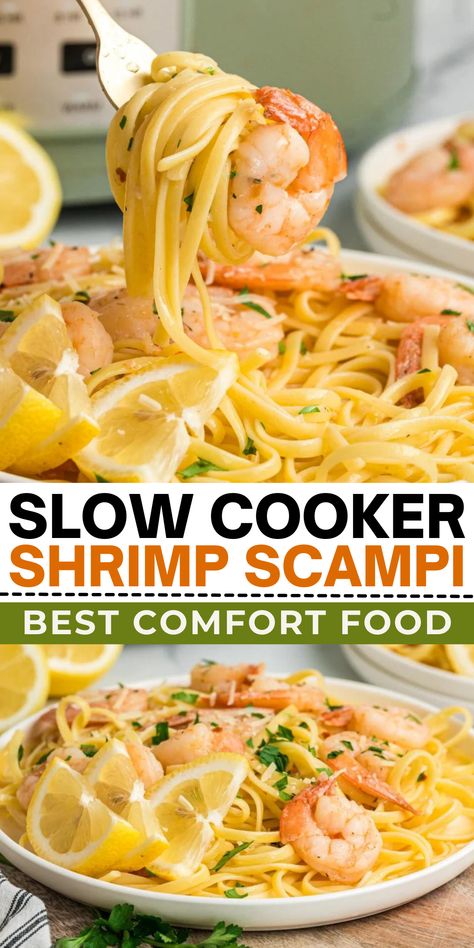 This Slow Cooker Shrimp Scampi recipe will help you make the easiest and most tastiest batch of jumbo shrimp ever. Skip the restaurant and make the best shrimp scampi right in the comfort of your own kitchen. Disclaimer: you may want to double up on this recipe so there's plenty for seconds (and thirds)! - The Magical Slow Cooker Shrimp Stroganoff Recipe, Crockpot Shrimp Scampi, Shrimp Scamp, Crockpot Shrimp Recipes, Best Shrimp Scampi, Shrimp Piccata, Shrimp Alfredo Recipe, Magical Slow Cooker, The Magical Slow Cooker