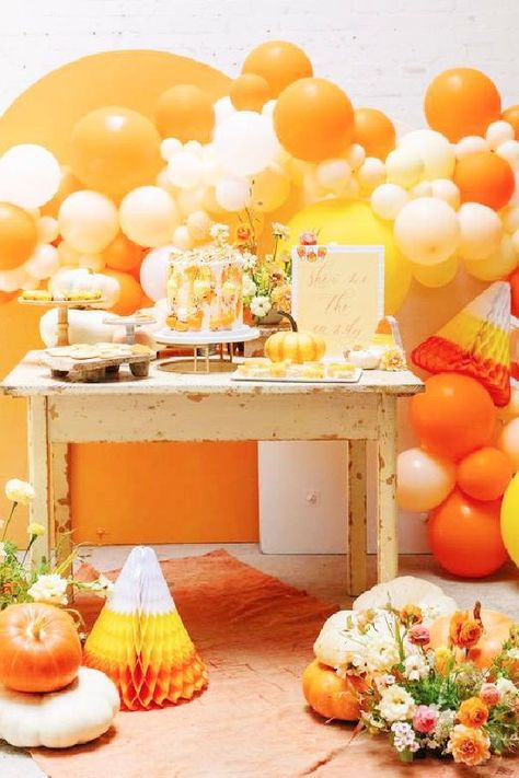 Take a look at this cute candy corn Halloween party! The dessert table is amazing!! See more party ideas and share yours at CatchMyParty.com Candy Corn Party, Candy Corn Desserts, Corn Party, Halloween Dessert Table, Candy Corn Halloween, Mini Pinatas, Halloween Dessert, Pretty Pumpkins, Personalized Candy