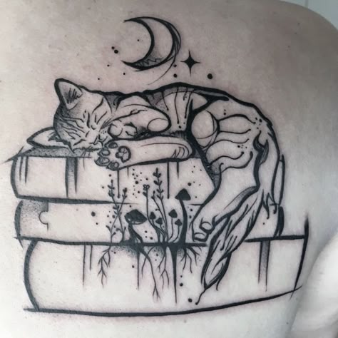 Book Tattoo Designs, Bookish Tattoos, Mushroom Tattoos, Witch Tattoo, Tattoo People, Elbow Tattoos, Cat Tattoo Designs, Gothic Tattoo, Book Tattoo