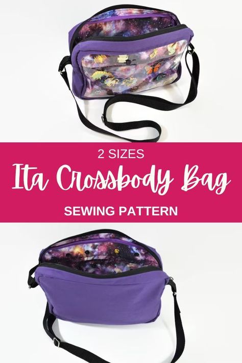 ITA cute Crossbody Bag sewing pattern. This crossbody purse pattern features a large clear vinyl pocket on the front. Ideal to display pins and badges. Perfect pocket for your phone, tickets or ID too. This crossbody purse pattern comes in two different sizes. Its a quick to sew bag pattern that all the family can wear and use. Kids love the clear vinyl pocket. SewModernBags Ita Bag Patterns, Sew Bag Pattern, Crossbody Bag Sewing Pattern, Crossbody Bag Sewing, Crossbody Purse Patterns, Sew Bag, Cross Body Bag Pattern, Wallet Sewing Pattern, Handbag Sewing Patterns