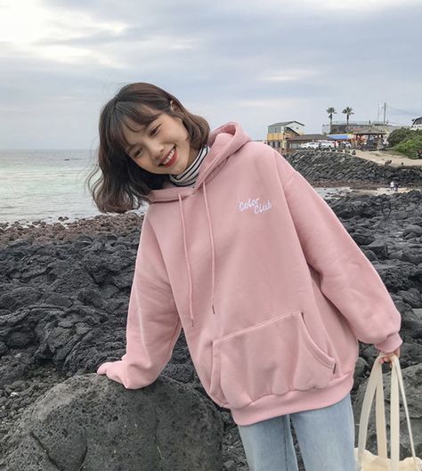 Pink Hoodie Aesthetic, Light Pink Hoodie, Egirl Clothes, Letter Hoodie, Hoodie Aesthetic, Yellow Hoodie, Color Club, Embroidered Hoodie, Red Hoodie