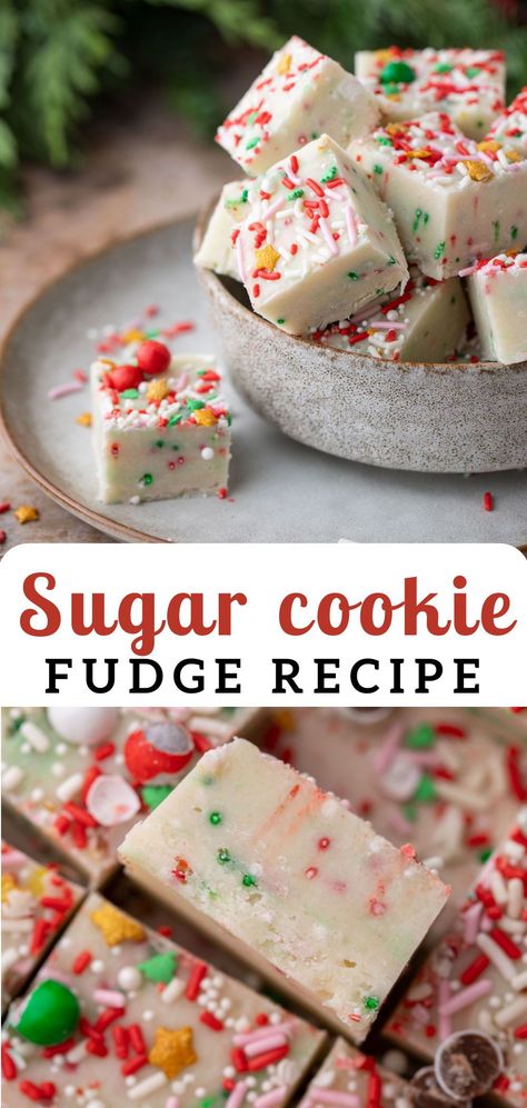 This sugar cookie fudge recipe creates a creamy fudge that is so delicious and pretty that it will have everyone feeling the Christmas spirit. With the combination of sugar cookie flavors and the soft texture of fudge, this concoction is sure to be a hit at every Christmas party this holiday season. Follow along with this easy fudge recipe to find out how to make this perfect sweet treat! Sugar Cookie Flavors, Cookie Fudge Recipe, Sugar Cookie Fudge, Fudge Bites, Cookie Fudge, Easy Fudge Recipe, Best Sugar Cookie, Holiday Fudge, Christmas Fudge