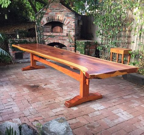 Redwood slab table Dinning Table Diy, Yard Planning, Outdoor Patio Tables, Live Edge Wood Furniture, Build A Bar, Redwood Slabs, Dining Tables Round, Round Dining Tables, Cheap Table