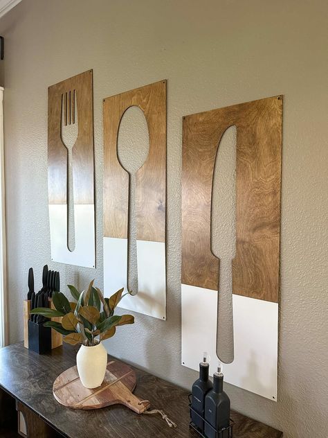 Fork spoon knife wall decor, minimalist kitchen wood art for a modern touch. Add a handmade and artistic element to your kitchen walls.#InteriorDesign #DIYHomeDecor #HomeDecorIdeas #WallArt #LaserCutDesign Counter Top Decor Kitchen, Kitchen Decor For Walls, Empty Kitchen Wall Ideas, Above Cabinet Decor Kitchen Modern, Large Kitchen Wall Decor, Kitchen Pictures Decor Wall Art, Above Cabinet Decor Kitchen, Paint Minimalist, Counter Top Decor