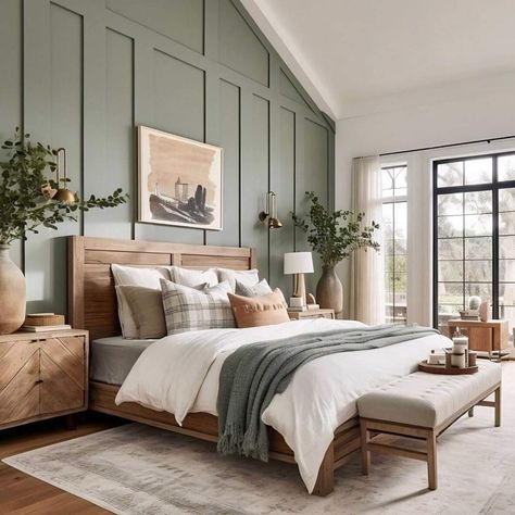 Green And Wood Bedroom, Inn Ideas, Nyc Bedroom, Walnut Bedroom, Natural Wood Furniture, Sage Green Bedroom, Green Bedroom, Air Bnb, Primary Bedroom