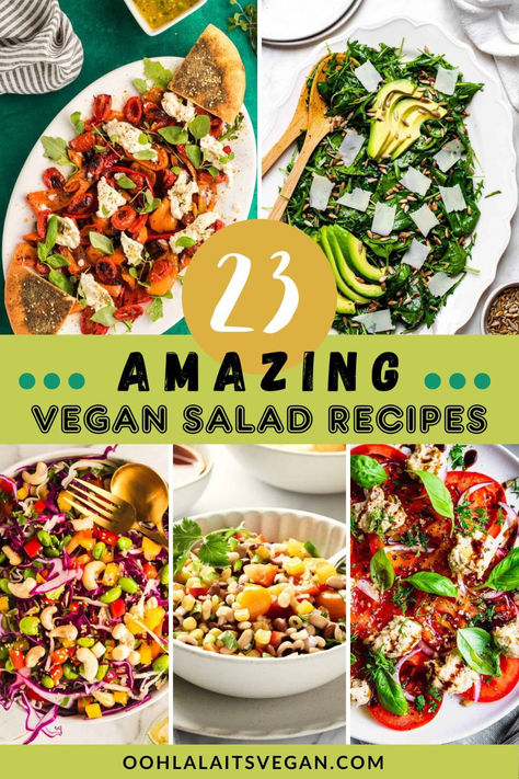 a collage of 23 vegan salads with vibrant colors Meals For A Crowd, Best Vegan Salads, Dinner Recipes Vegan, Thai Salad Recipes, Plant Based Diet Meals, Tofu Feta, Vegan Salads, Vegan Lunch Recipes, Vegan Salad Recipes