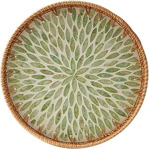 Round Rattan Tray, Throw Rugs Bedroom, Rattan Serving Tray, Coffee Bread, Mosaic Tray, Rattan Tray, Bread Food, Mother Of Pearl Inlay, Decor Storage