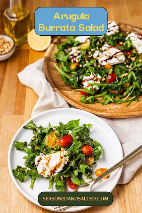 Looking for a simple and delicious summer salad? Try this Arugula Burrata Salad with its creamy burrata cheese and peppery arugula. Perfect for hot days! Arugula Salad With Burrata, Arugula Buratta Salad, Arugula Burrata Salad Recipes, Burrata Arugula Salad, Buratta Salad Ideas, Salad With Burrata Cheese, Arugula Burrata Salad, Antipasto Ideas, Burrata Salad Recipe