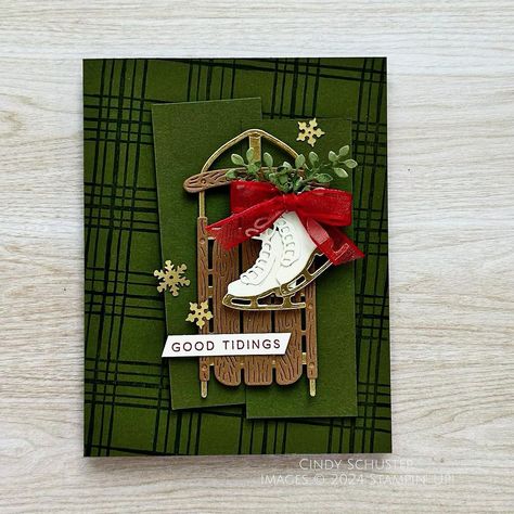 CINDY SCHUSTER | STAMPIN’ UP! | Stamping along with @stampinthroughthecatalog with the Sophisticated Sled bundle! It’s a very traditional Christmas take (Mossy Meadow,... | Instagram Christmas Skating, Cheerful Daisies, Gratitude Cards, Gratitude Challenge, Make Your Own Card, Christian Cards, Luge, Stampin Up Christmas Cards, Christmas Card Crafts