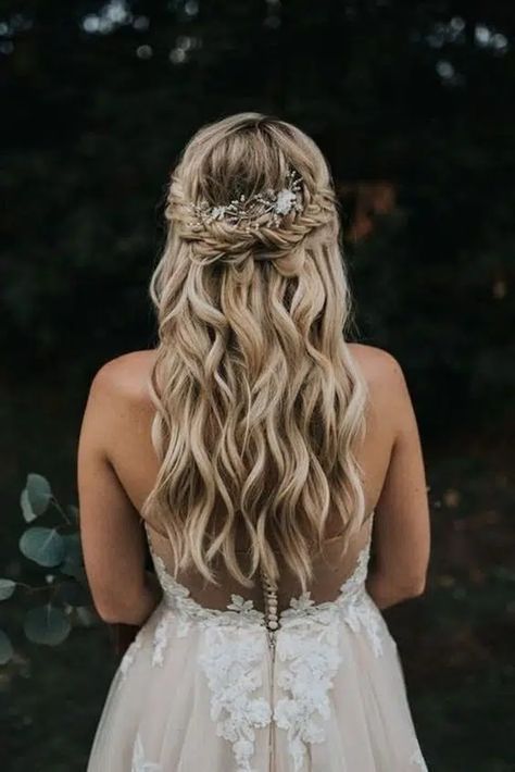 30+ Stunning Boho Wedding Hair Ideas Trending In 2023 Elegant Wedding Hair, Wedding Hairstyles Half Up Half Down, Trendy Wedding Hairstyles, Wedding Hair Inspiration, Wedding Hair Down, Bridal Hair Vine, A Wedding Dress, Wedding Hairstyles For Long Hair, Wedding Hair Pieces