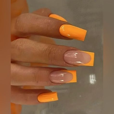 Square Nails Orange, Orange Nails French Tip, Nails French Tip Design, Hoco Nails, French Tip Design, Halloween Press On Nails, Solid Orange, Orange Square, Mothers Day Special