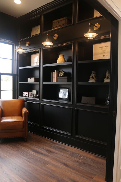 Black Built In Bookcase Office, Black And White Library Room, Office With Shelving, Office With Tall Bookshelves, Office Shelf Styling Masculine, Black Office Bookshelves, Home Office Black Bookshelves, Bookshelves In Office Study, Library Room Black