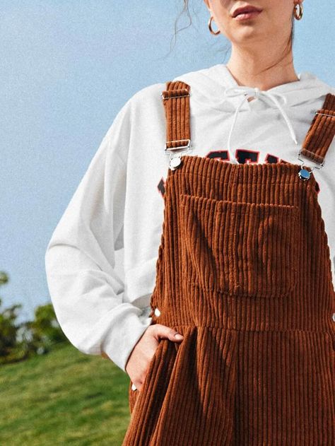 Patch Pocket Cord Overalls | SHEIN EUR Overalls Aesthetic, Cord Overalls, Corduroy Dungarees, Outfits Gorditas, Overalls Fashion, Cute Fit, Closet Fashion, Clothing Hacks, Hijab Outfit