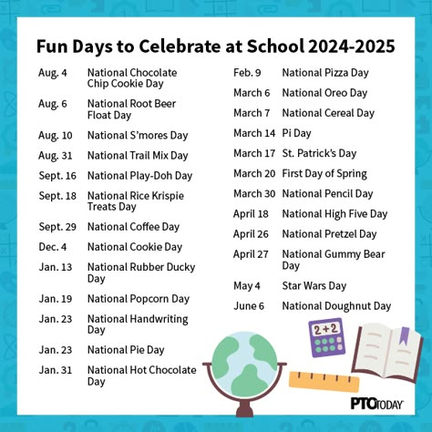 Fun National Holidays, Teacher Appreciation, Special Days and More (Free 2024-2025 Calendar) - PTO Today Fun Holidays 2024, January Pto Ideas, Pto Committees, Teacher Contest Ideas, 2023-2024 School Appreciation Days, Fun Theme Days For School, National Principals Month Ideas, Staff Engagement Ideas, School Appreciation Days 23-24