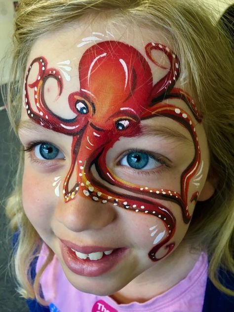 Octopus Face Painting, Unique Face Painting Ideas, Face Paint Animals, Octopus Face Paint, Face Painting Animals, Dino Face Paint, Face Painting Octopus, Animal Face Paint, Under The Sea Face Paint