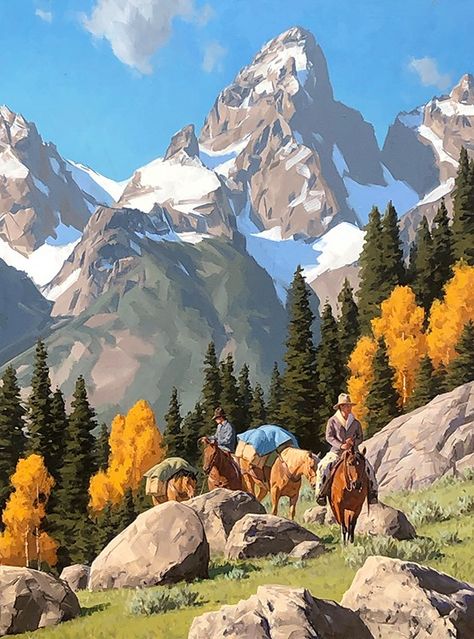 40"x 30" original oil painting on linen canvas.  I’ve packed in with pack horses on mountain trails to paint a few times and they are some of my favorite memories of all time.  I especially like these trips in September when the fall color paints the aspens golden and the mountains are draped in their first coat of snow.  I wanted to capture the wildness and grandeur of such places in this painting called "High Country Traveler, Grand Tetons."  Available Click here for more information: Western Artwork, Mountain Landscape Painting, Landscape Art Painting, Mountain Paintings, Linen Canvas, Mountain Art, Landscape Illustration, Environment Concept Art, Western Art