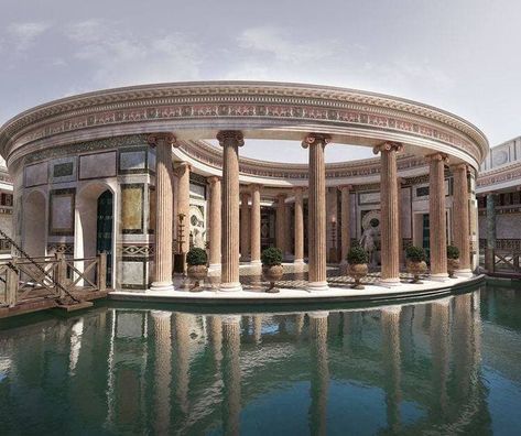 Roman Design Architecture, Fantasy Buildings Architecture, Roman Architecture House, Roma Architecture, Ancient Buildings Architecture, Roman Pool, Rome Architecture, Greece Architecture, Ancient Roman Architecture