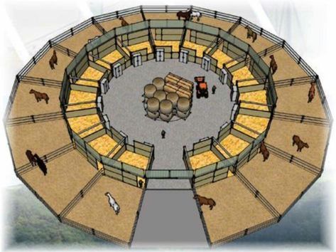 Round stable yard What a good idea Round Pen Ideas, Horse Stable Ideas, Horse Barn Ideas, Round Pens For Horses, Barn Layout, Horse Farm Ideas, Horse Barn Ideas Stables, Middle Sounds, Stable Ideas