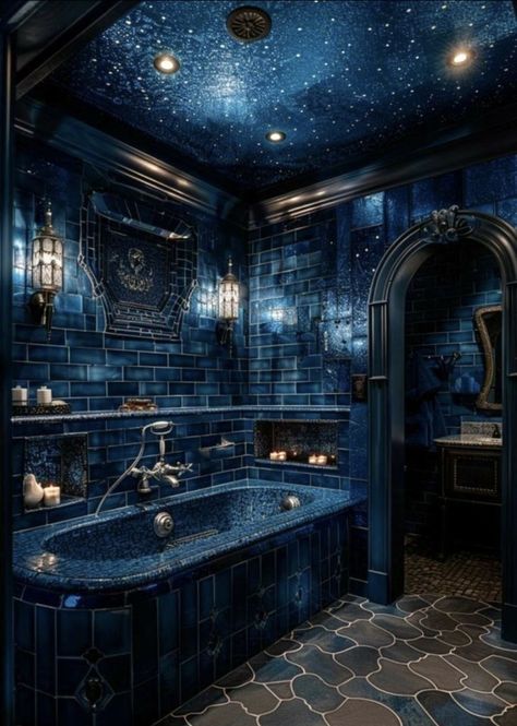 Starry Bathroom Ideas, Celestial Bathroom Ideas, Night Sky Bathroom, Deep Sea Bathroom, Water Shrine, Galaxy Bathroom, Celestial Bathroom, Bathroom Theme Ideas, Night Bathroom