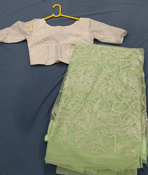 Pista Green Embroidery Saree, Pista Green Saree Contrast Blouse, Pista Green Saree, Saree Contrast Blouse, Pure Chiffon Sarees, Net Blouse, Saree And Blouse, Pista Green, Chiffon Sarees