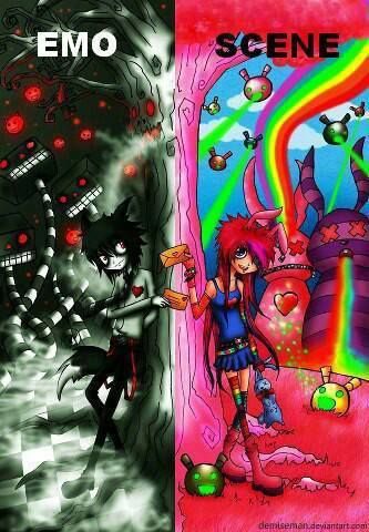 The difference between emo and scene. Man, scene is way too colorful for me. Deviantart, Hair, Art