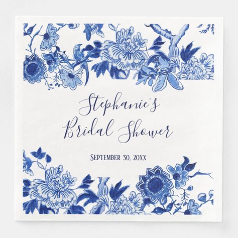 Floral Navy Blue White Chinoiserie Bridal Shower Paper Dinner Napkins  Zazzle Blue Willow Wedding, Bridal Shower Napkins, Asian Pattern, Blue White Weddings, Paper Dinner Napkins, Bridal Shower Inspo, Patterned Napkins, Kerry Ireland, Blue Chinoiserie