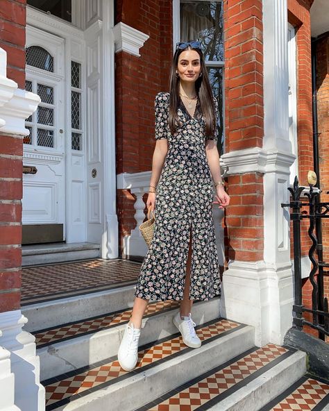 Outfit linked here: http://liketk.it/3cRzF Veja Trainers, Trainers Outfit, Modest Fits, London Street Style, London Street, High Fashion Street Style, Floral Midi Dress, Daily Outfits, Cute Dresses