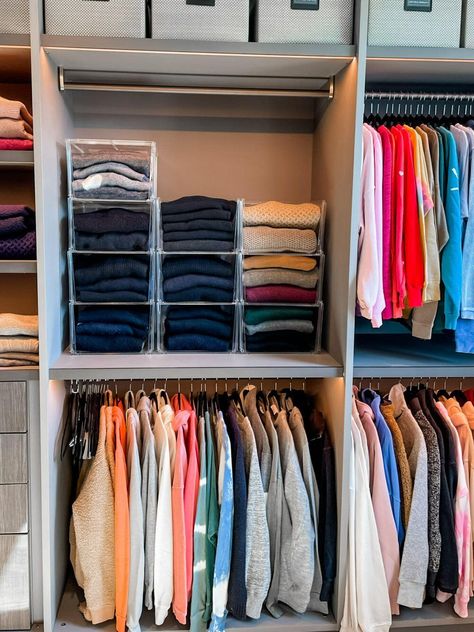 7 Space-Saving Solutions — RíOrganize - organization tips, home organization service, RíOrganize by Ría Safford, professional organizer, dallas organizer, los angeles organizer, organizing Closet Organization For Folded Clothes, Storing Shorts In Closet, Shelf Organization Clothes, Wardrobe Shelves Organization, Vertical Closet Storage, Wardrobe Storage Solutions, Shared Wardrobe Organisation, Stackable Closet Storage, Clothes Shelves Organization