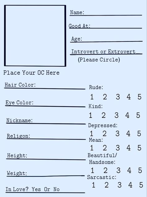 Charectors Design Sheet, Character Cards Template, Oc Card Template, Oc Introduction Sheet, Prompts Drawing, Oc Building, Oc Card, Character Sheet Writing, Oc Makers