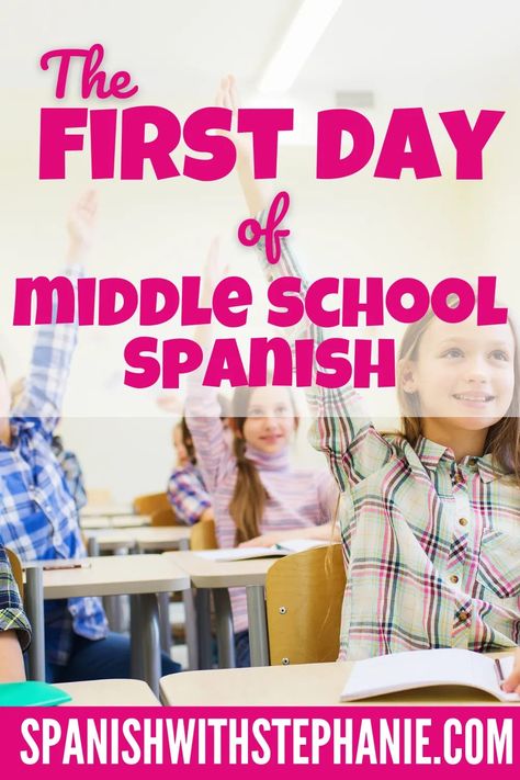 This blog article provides a detailed explanation for the first day of spanish class with middle school students. Includes ideas for seating arrangements, introducing cognates in Spanish, and how to gets kids speaking Spanish on the first day of class! Also includes free lesson plans for the first week of class with middle school students (grade 6,7,8) and high school Spanish I students in grades 9 or 10. Interactive, fun first day of Spanish class without just going over rules. Back to school! Intro To Spanish For Middle School, Middle School Spanish Classroom Decor, Middle School Spanish Activities, Esol Resources, Middle School Spanish Lessons, Getting To Know Your Students, Beginner Spanish Lessons, Spanish Notes, Spanish Classroom Decor