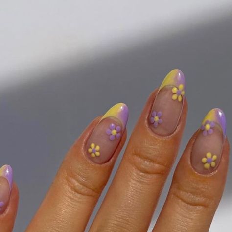 the nailologist🍒🌸🦋🌈✨ on Instagram: "pastel purple and yellow gradient tips with little flowers💜🌼 an adorable combo for summer✨   #summernails #pastelnails #nailinspo #nailart #pinterestnails" Lavender Yellow Nails, Purple Yellow Nails, Yellow Purple Nails Design, Light Purple And Yellow Nails, Yellow And Purple, Purple And Yellow Nails Designs, Purple And Yellow Spring Nails, Purple And Yellow Nails, Purple Flower Nails