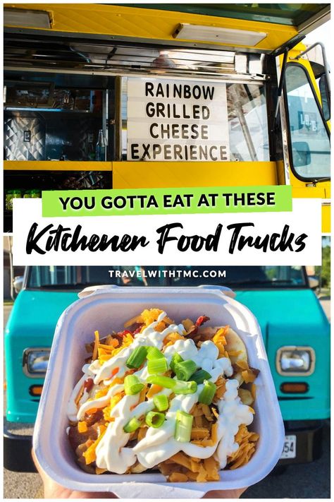 Love Food Trucks? ME TOO! I've eaten at every one of the food trucks mentioned here and provide a detailed breakdown of where and when to find them and what to try there. Enjoy! Truck Food Ideas, Carnival Eats, Rainbow Grilled Cheese, Kitchener Ontario, New York City Guide, Best Food Trucks, Ontario Travel, Food Critic, Street Foods