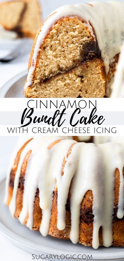 Looking for a showstopper dessert that's easy to prepare? This Cinnamon Bundt Cake is the answer! Bursting with layers of moist cake, cinnamon sugar filling, and cream cheese icing that melts in your mouth. It's a dessert that's impossible to resist. Get ready to indulge in a cinnamon-infused treat that'll make any occasion extra special. Bundt Cake Glaze Recipe, Cinnamon Bundt Cake, Bundt Cake Glaze, Cream Cheese Bundt Cake, Easy Bundt Cake Recipes, Showstopper Dessert, Cake With Cream Cheese Icing, Easy Bundt Cake, Cake Cinnamon