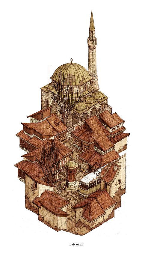 Bascarsija Isometric Drawing, Isometric Art, Environment Concept Art, Architecture Drawing, Illustrations Posters, Game Design, Artist Inspiration, Game Art, Illustration Design