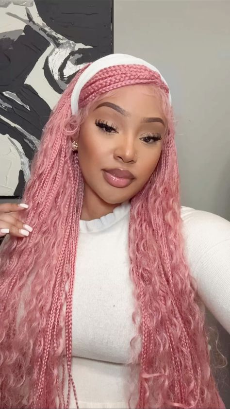 #braids #pinkhair #pinkbraids #pinkhairdontcare #pinkhairstyles #pinkhairideas #blushpink #bohobraidstyle #blackgirlshairstyles #blackgirlwig# Pale Pink Braids, Pink And White Braids, Pink Braids Hairstyles, Goddess Braids Pink, Light Pink Braids, Birthday Hair Styles, Pick And Drop Braids, Pink Box Braids, Pink Braids